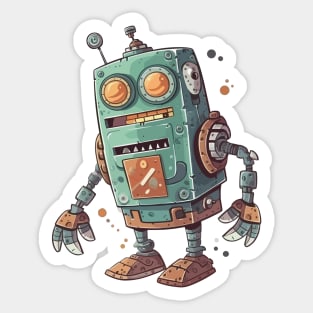 Robot, Silly Cartoon Green And Brown Robot Illustration Sticker